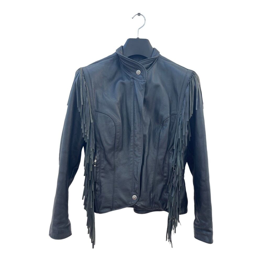 HARLEY-DAVIDSON BLACK FRINGE WOMENS LEATHER MOTORCYCLE JACKET Medium Made In Usa